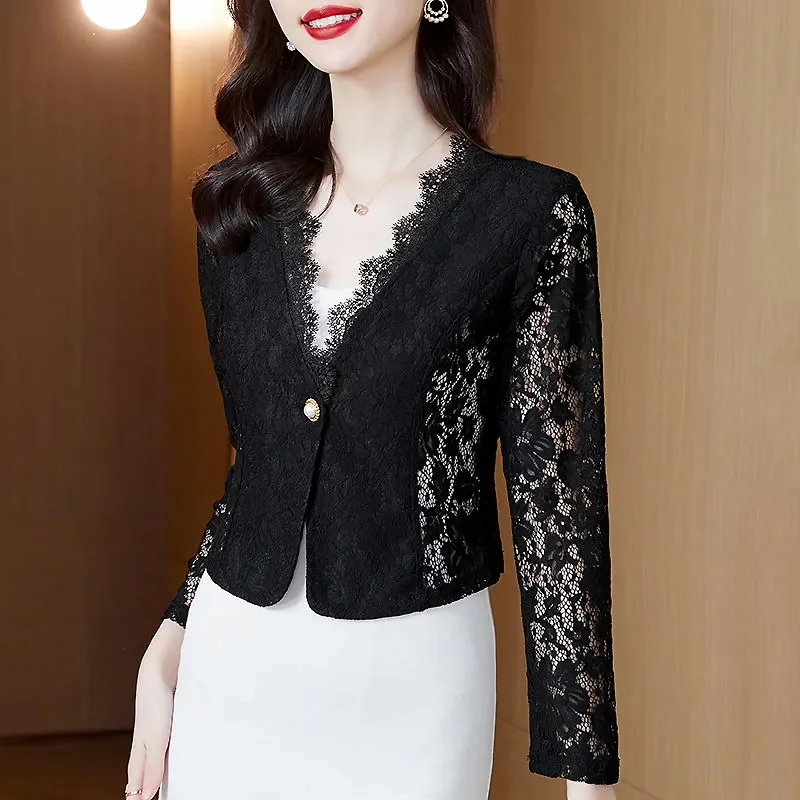 Primavera verão curto ternos de renda jaqueta feminina 2025 novo decote em v oco para fora cardigan terno casaco moda única fivela blazer feminino