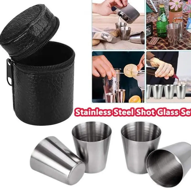 

4pcs/Set Stainless Steel Glass Set Outdoor Small Drinkware Set Travel Picnic Cup Set 30/70/170ml