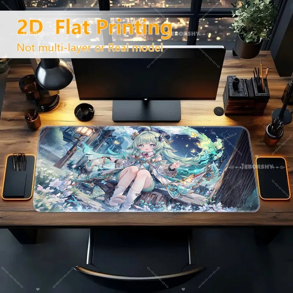 Üppig grüngelocktes Anime-Mädchen Gaming-Mauspad, Nachtgarten & Schmetterlinge Schreibtischunterlage, ideales Geschenk für Gamer