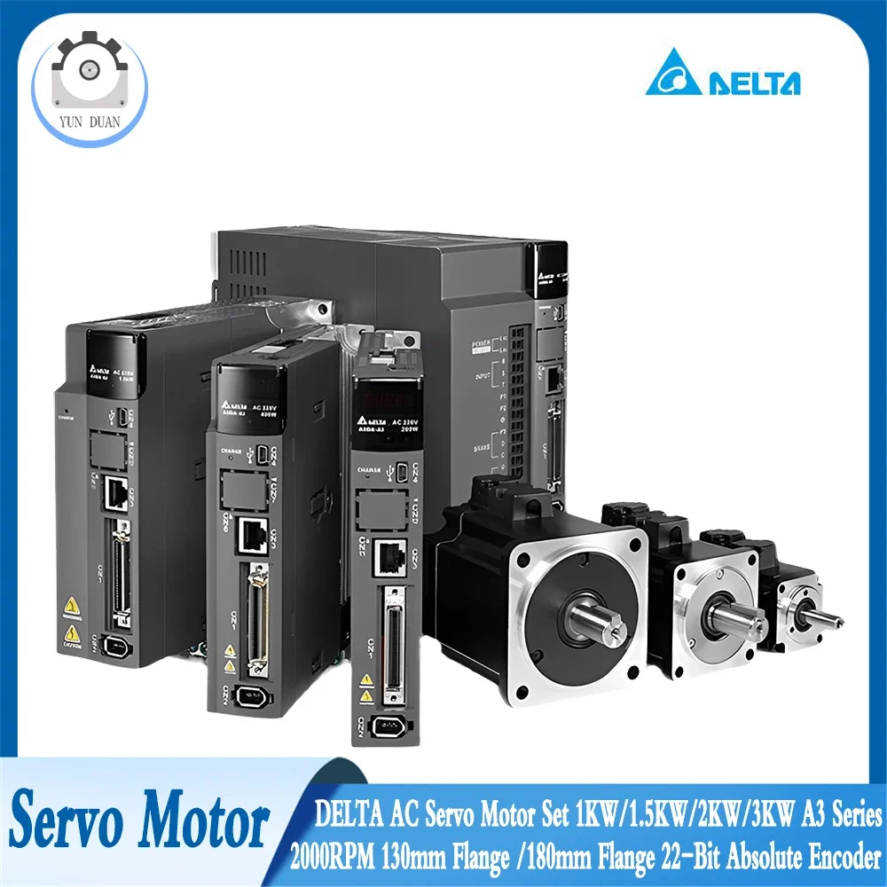 Delta A3 130/180Flange 1KW/1.5KW/2KW/3KW Servo Motor Driver Kit 22-bit Absolute Encoder,PT Mode Pulse Train,RS485,CANopen,DMCNET