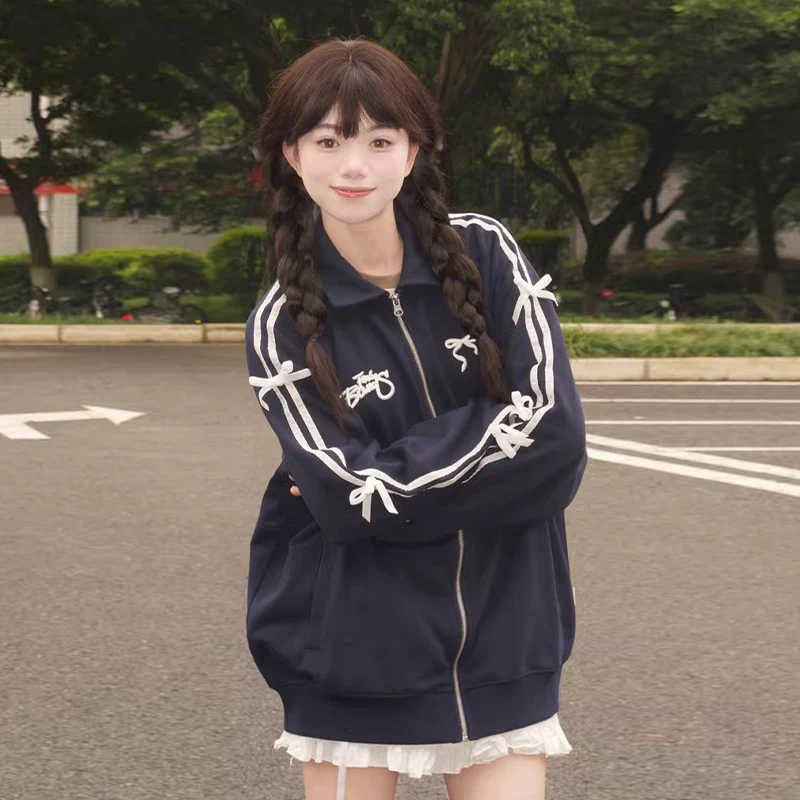 

Свободные повседневные куртки в полоску с бантом и длинными рукавами в консервативном стиле, толстовка для женщин