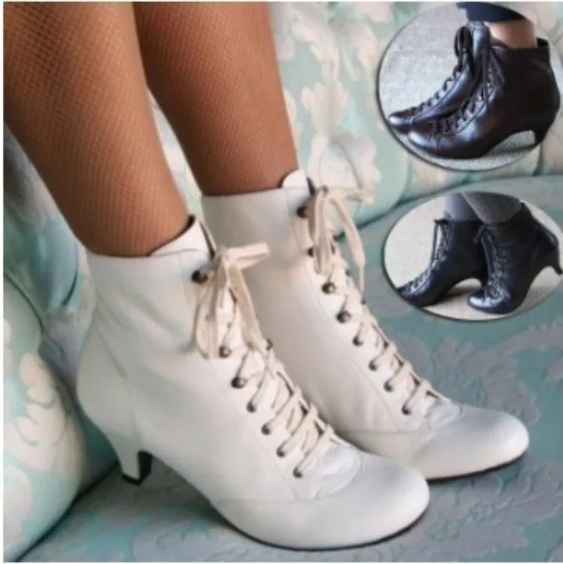 Nowa moda damska Niski kociak Obcas Botki wiktoriańskie Okrągłe palce PU Skórzane buty Steampunk Lace Up Retro Jeans Boots