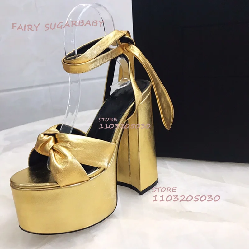 Light Pink Knotted Suede Platform Chunky Heel Open Black Leather Gold Sandal Women Summer Hollow Dress Wine Ankle Lace Sexy Shoe