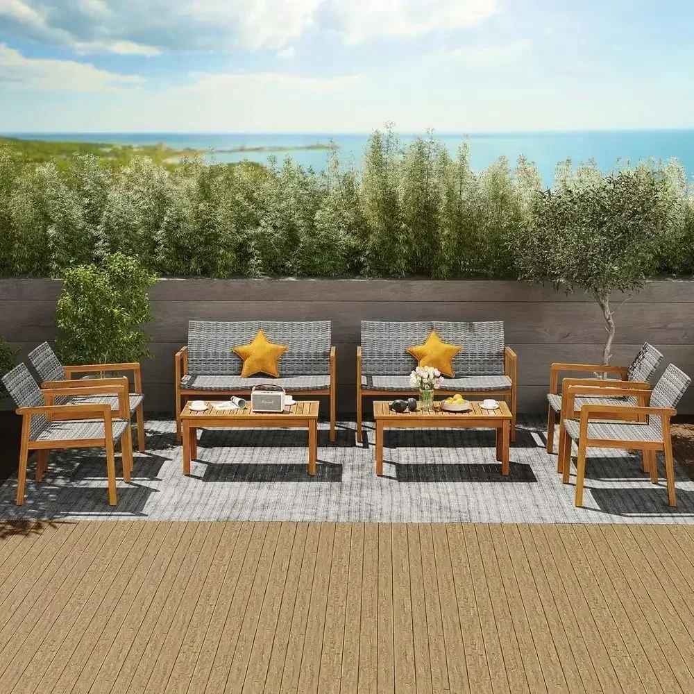 8 Pieces Outdoor urniture Set, Acacia Wood e Soa Set w/Rattan Seat & Back, Patio Contion Set w/Coee Table or Balcony, Poolside,