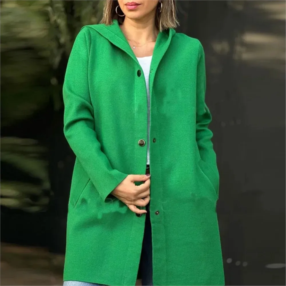 Autumn And Winter New Solid Color Woolen For Women\'s Long Sleeve Coat Elegant Fashion Pocket Casual Loose Female Hooded Coat2024