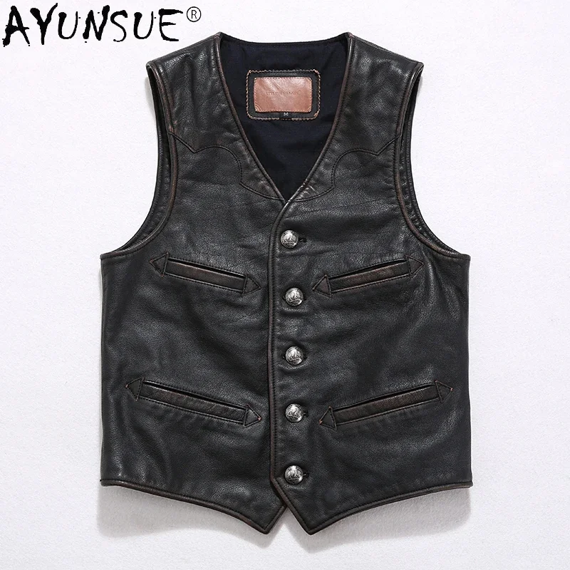 

AYUNSUE Men Jacket 2020 Men's Clothing 5XL 6XL Real Cow Leather Vest Male Retro Motorcycle Buffalo Man Vests Hommes Veste LXR370