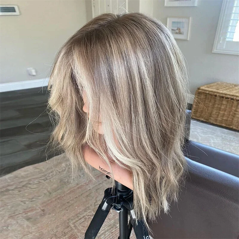 Ombre Ash Blonde Highlight Dark Roots Short Wave Lace Front Human Hair Wigs
