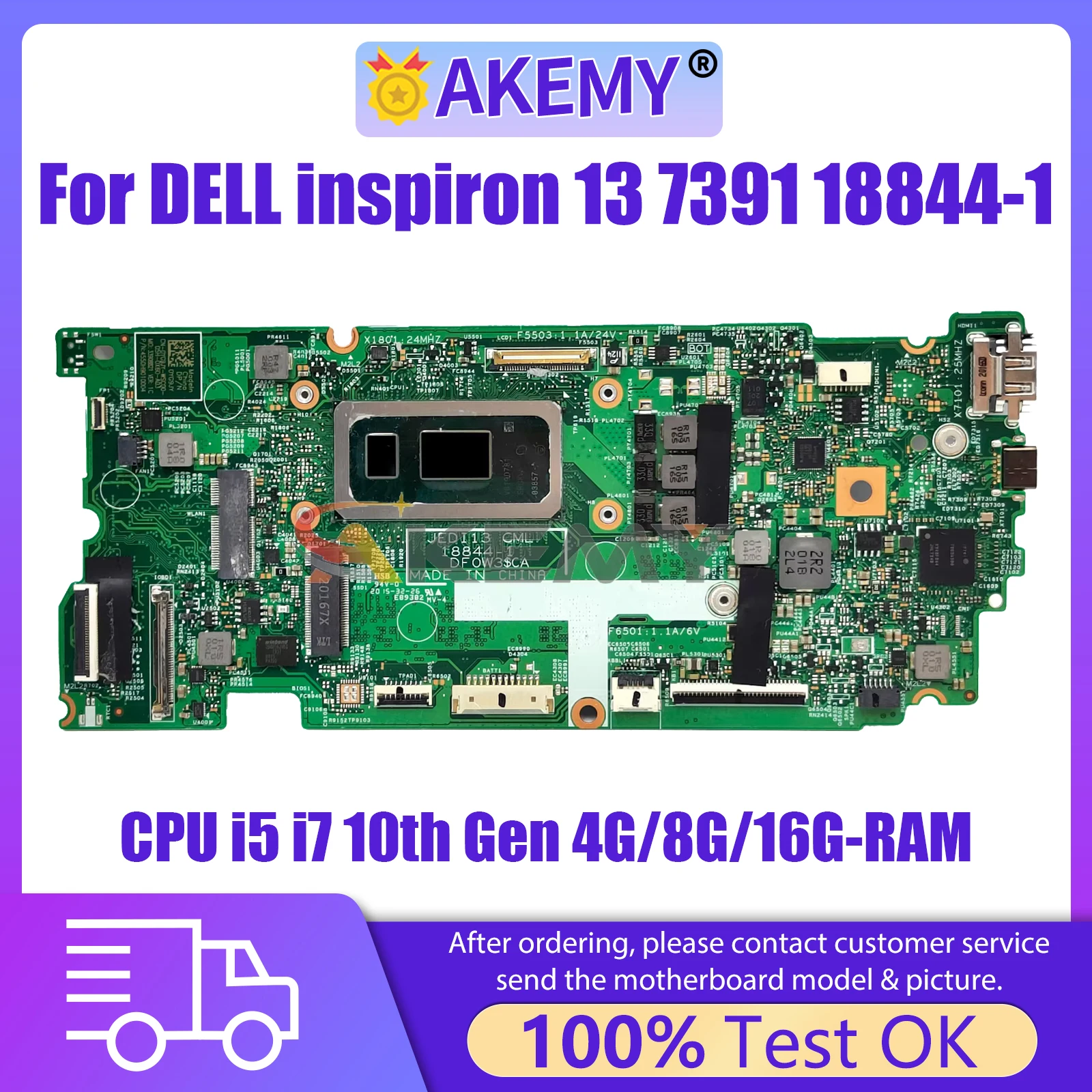 

AKEMY 18844-1 Mainboard For Dell inspiron 13 7391 CN-0HF90F CN-0PKNWK Laptop Motherboard With CPU I5 I7 10th Gen 4G/8G/16G RAM