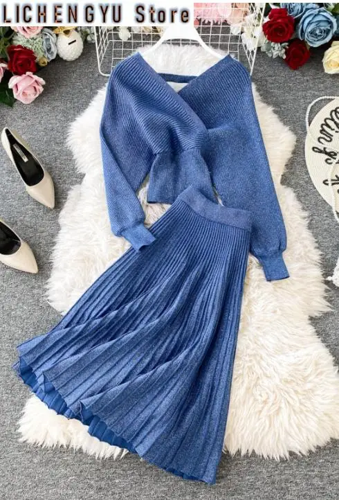 New Casual Elegant Women's Set Split V-neck Knitted Sweater High Waist Fold A-line Skirts Autumn Winter