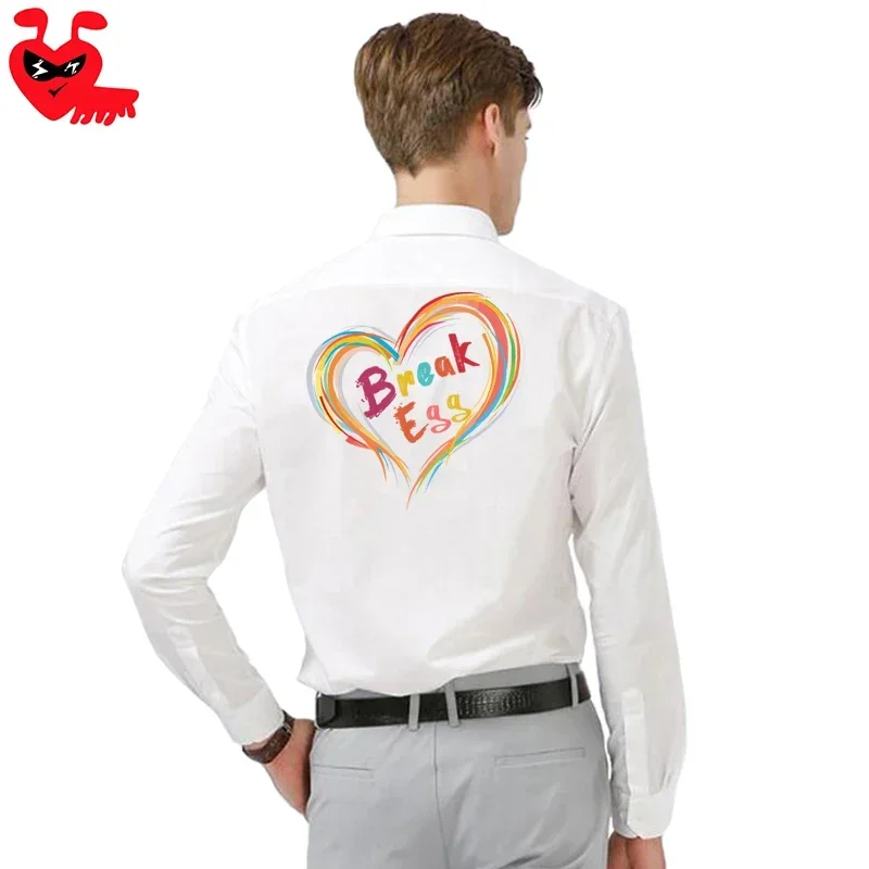 Chemise en polyester Break Egg pour hommes, broderie de fourmi mignonne de dessin animé, col imprimé coeur creux, simple boutonnage, printemps, coupe décontractée