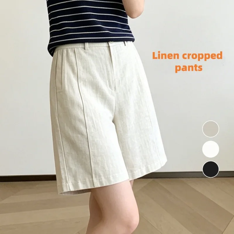 

2026 Plus Size Linen Cropped Pants for Women High Waisted Loose Slimming Wide Leg Summer Trousers Breathable Casual Work
