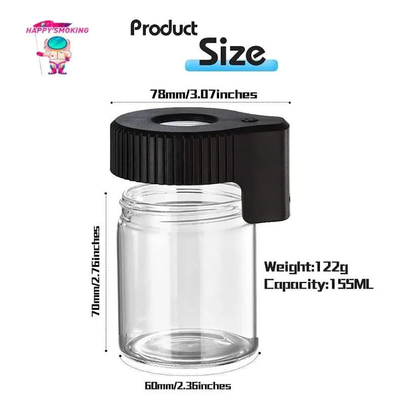 HAPPY LED Glass Tobacco Smoke Jar with Magnifier Sealed Vacuum Herb Storage Tank Bottle for 155ml Kitchen Spice Container Tools