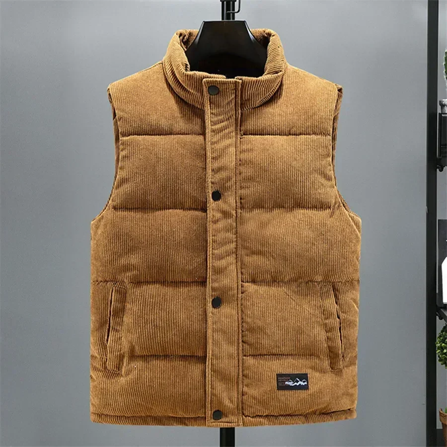 Vests Jacket Men Autumn Winter Stand Collar Warm Sleeveless Leisure Down Cotton-Padded Vest Coat Thickened Corduroy Warm Coat