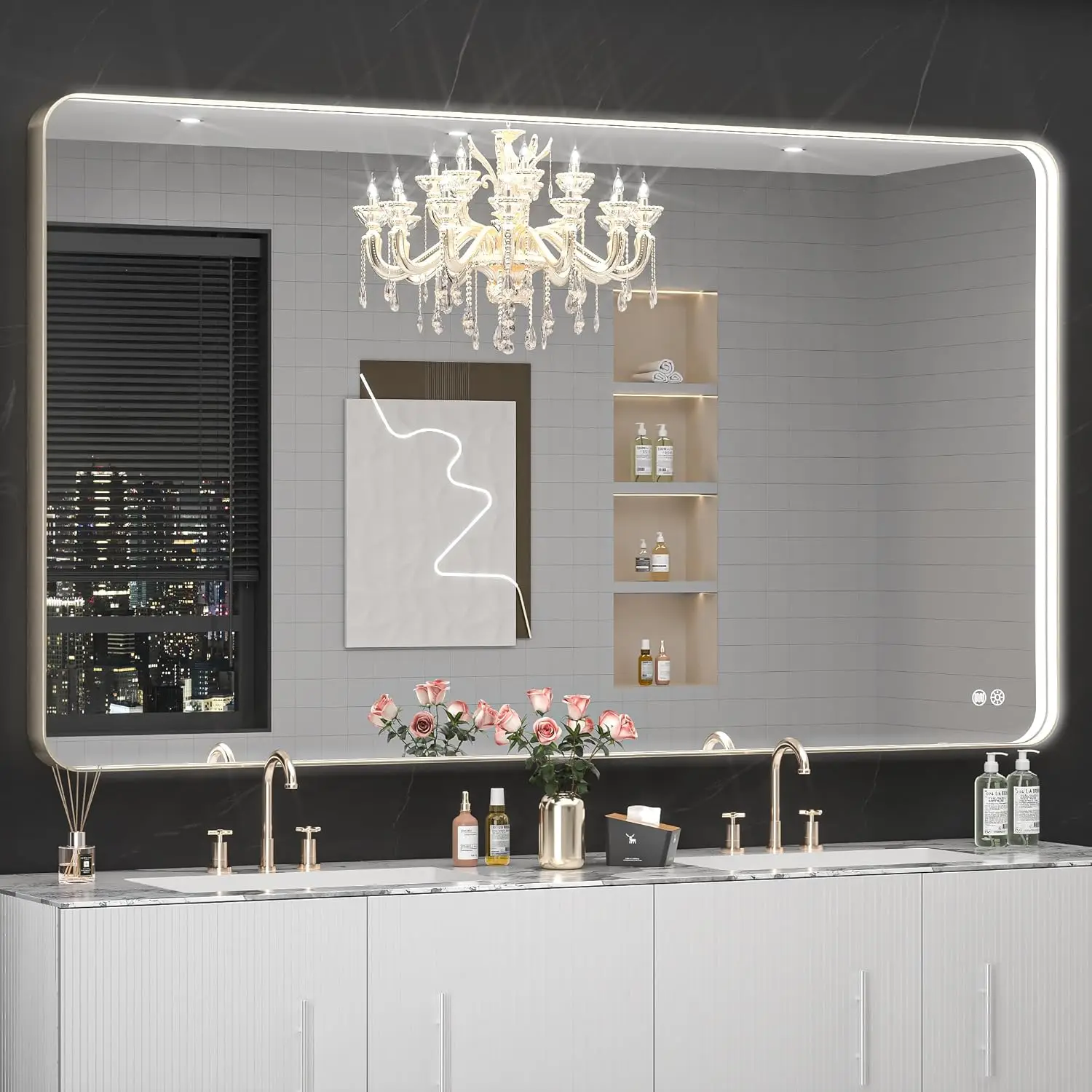 60"" X 36"" Led Bathroom Mirror With Lights, Rounded Rectangle Gold Frame Embedded Light Strip Design Vanity Mirror, 3 Colors &