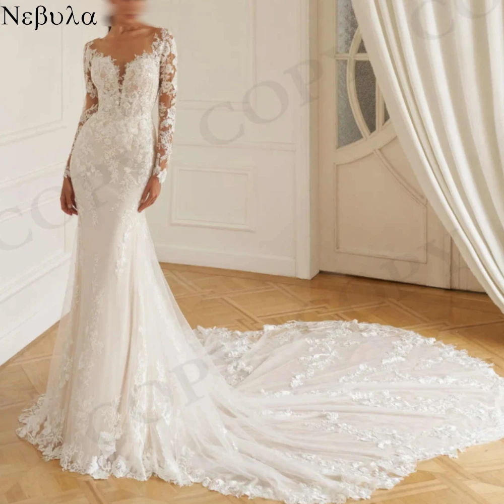 

Customized White Wedding Dress Exquisite Mermaid Formal Long Sleeves Fashion Appliques Bridal Party Temperament Bridal Gowns