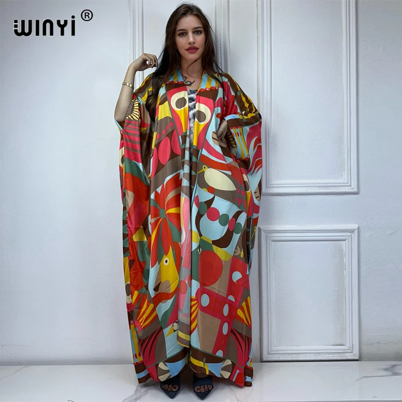 WINYI Summer fashion Beach Geometric print Cover Up Boho Cardigan elegant sexy Holiday Kimono beach wear women 2024 kaftan dress