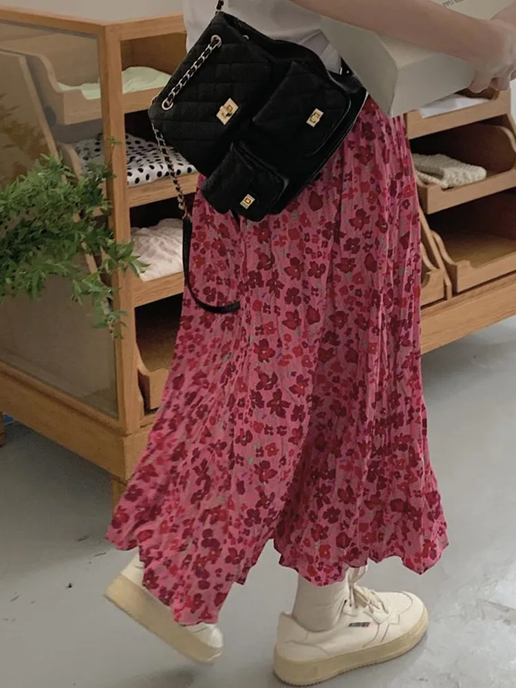 

Cute Printed Floral Skirt Korean Style Women Spring Summer High Waisted A-Line Plicated Long Midi Skirt Rokken Dames