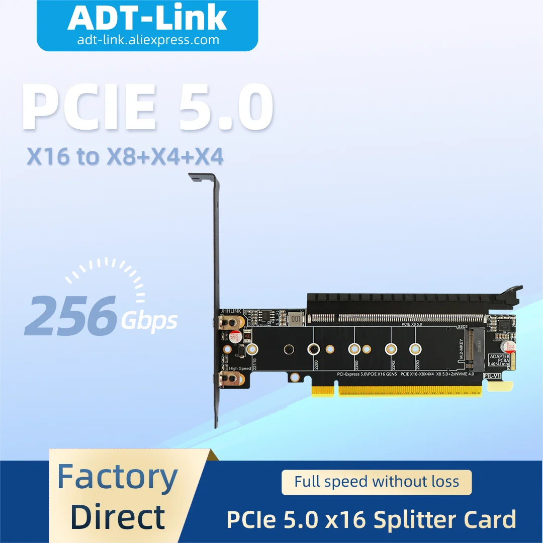 256Gbps PCIe 5.0 x16 Splitter Card Split into x8+x4+x4 PCIe GEN4 GEN3 Downward Compatible GPU NVMe SSD Expansion Adapter Card