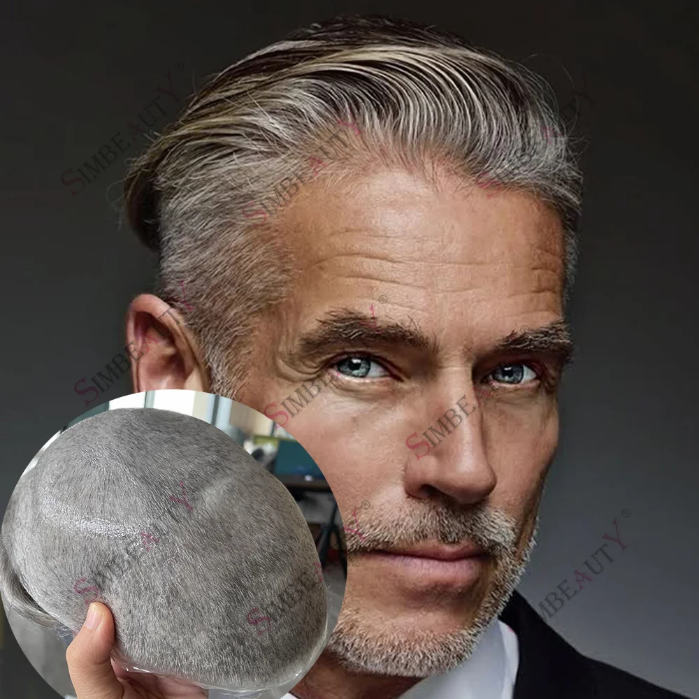 

Натуральный невидимый мужской парик Vloop 0,02 мм, плотность 80%, ультратонкая основа для кожи, супер натуральная линия волос 565 # Коричнево-серые человеческие волосы