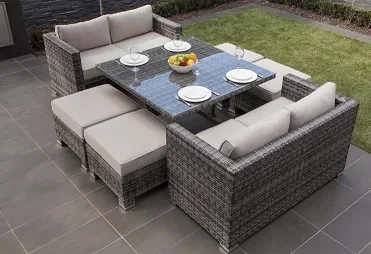 American Style Modern Garden Wicker Cube Dining Chairs and Table with Glass Cover Rattan Outdoor Furniture Set