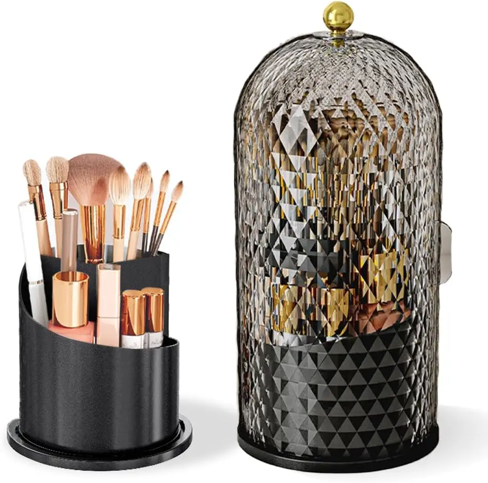 

Makeup Brush Holder with Lid, 360 Rotating Multifunction Clear Dustproof Skincare Cosmetic Tools Storage Organizer for Vanity De