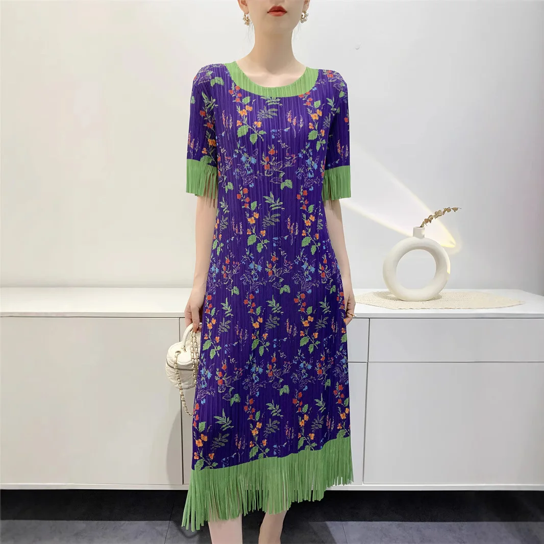 

Miyake Pleated Print Dress 2025 Spring and Summer New Tassel Model Mid-sleeve Color Blocking Plant and Flower Mid-length Dresses