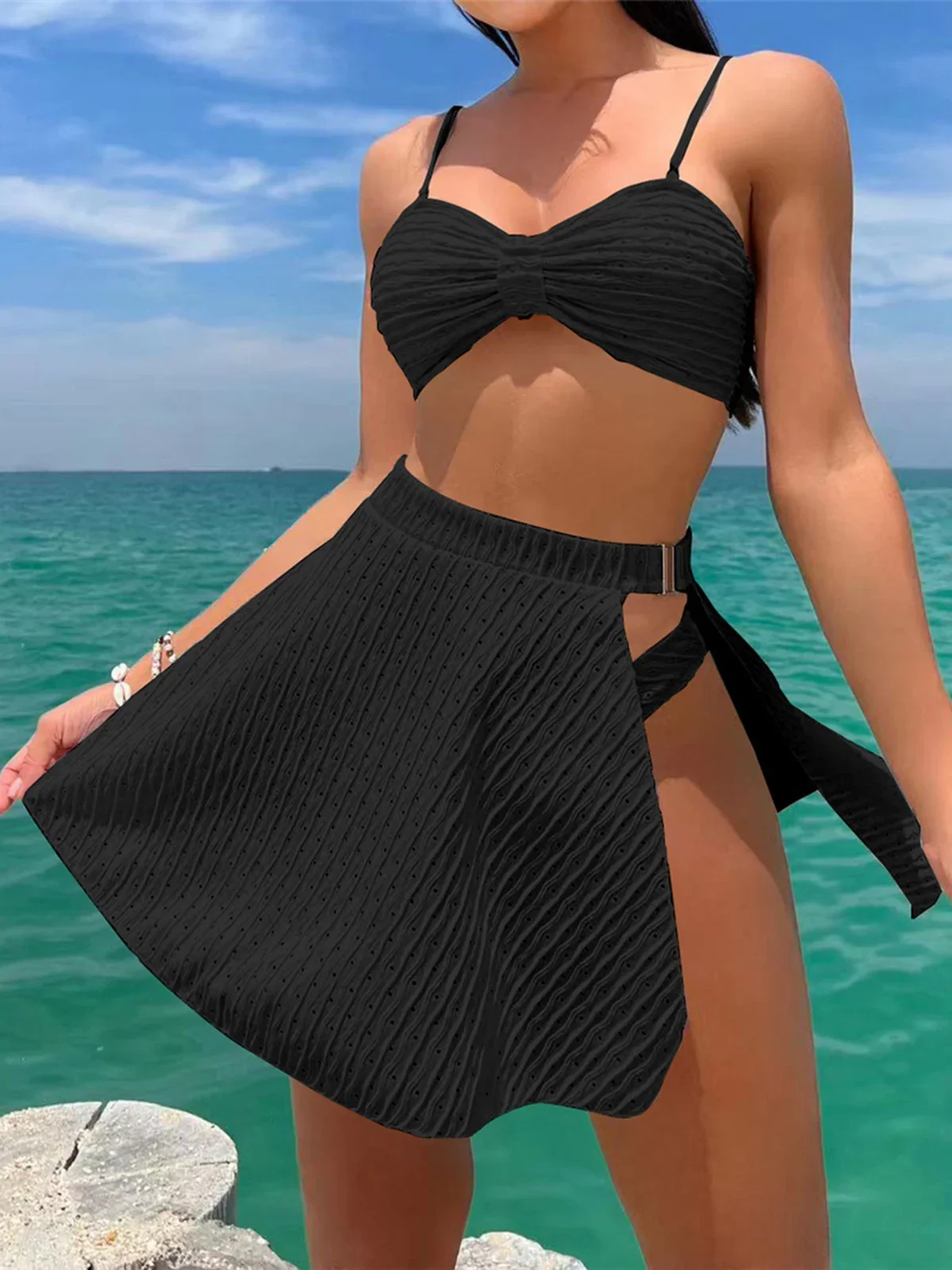 

Сексуальное бразильское бикини с юбкой, женский купальник, женский купальник, комплект из трех частей, купальный костюм, K4710