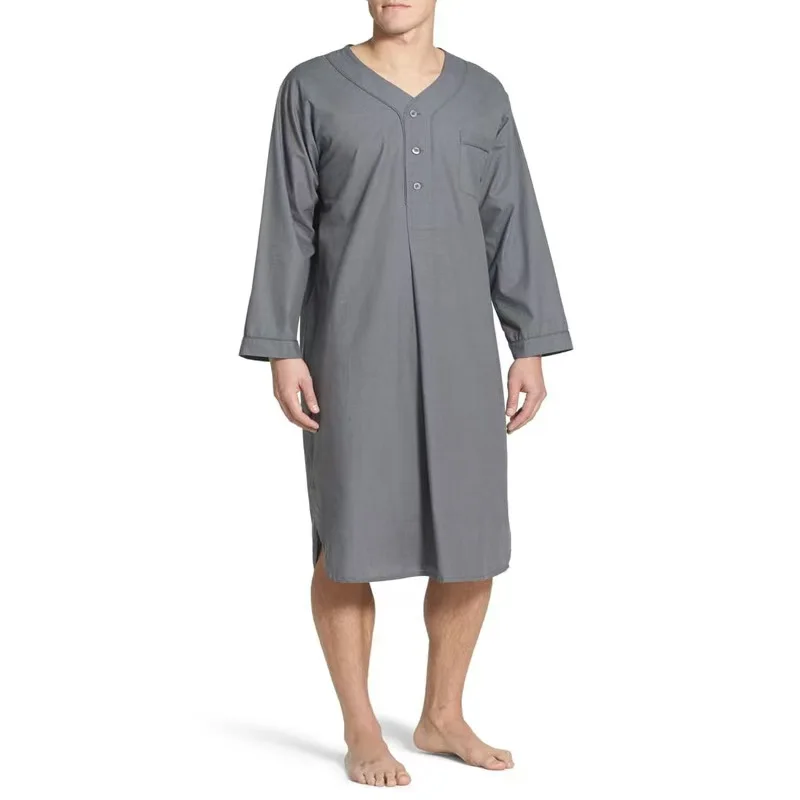 Muslim men's robe, spring and autumn style, loose stand-up collar, door tube, long sleeve, mid-length robe, solid color pajamas