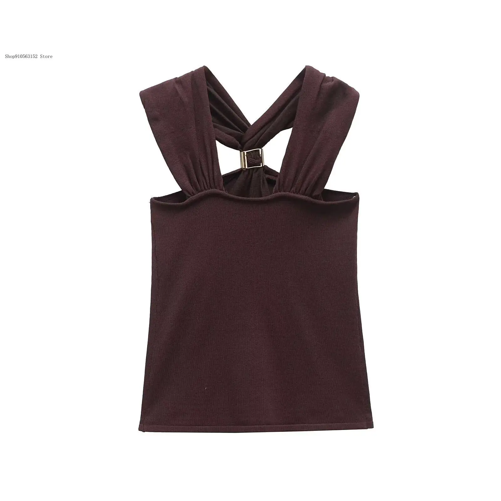 Summer and Autumn Simple Commuting European and American Style Gold Inlaid Hanging Neck Collar Knitted Tops