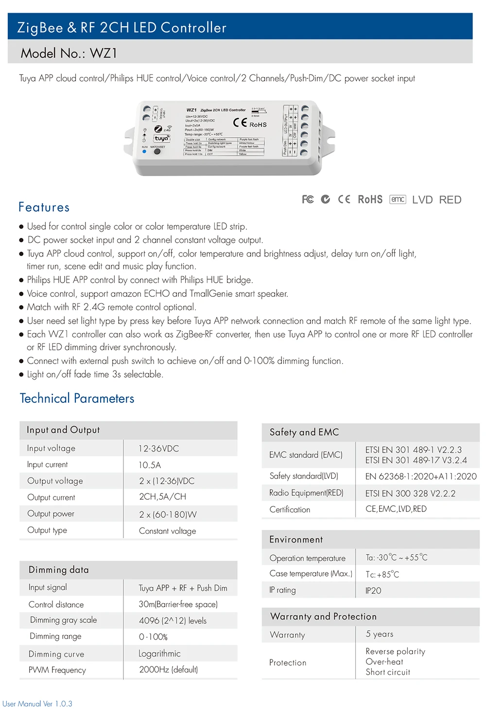 WZ1 Zigbee LED Dimmer 12V 24V DC Tuya Smart Life 2.4G RF Wireless Remote Magic Home Wifi WW CW CCT LED Strip Light Controller view 6