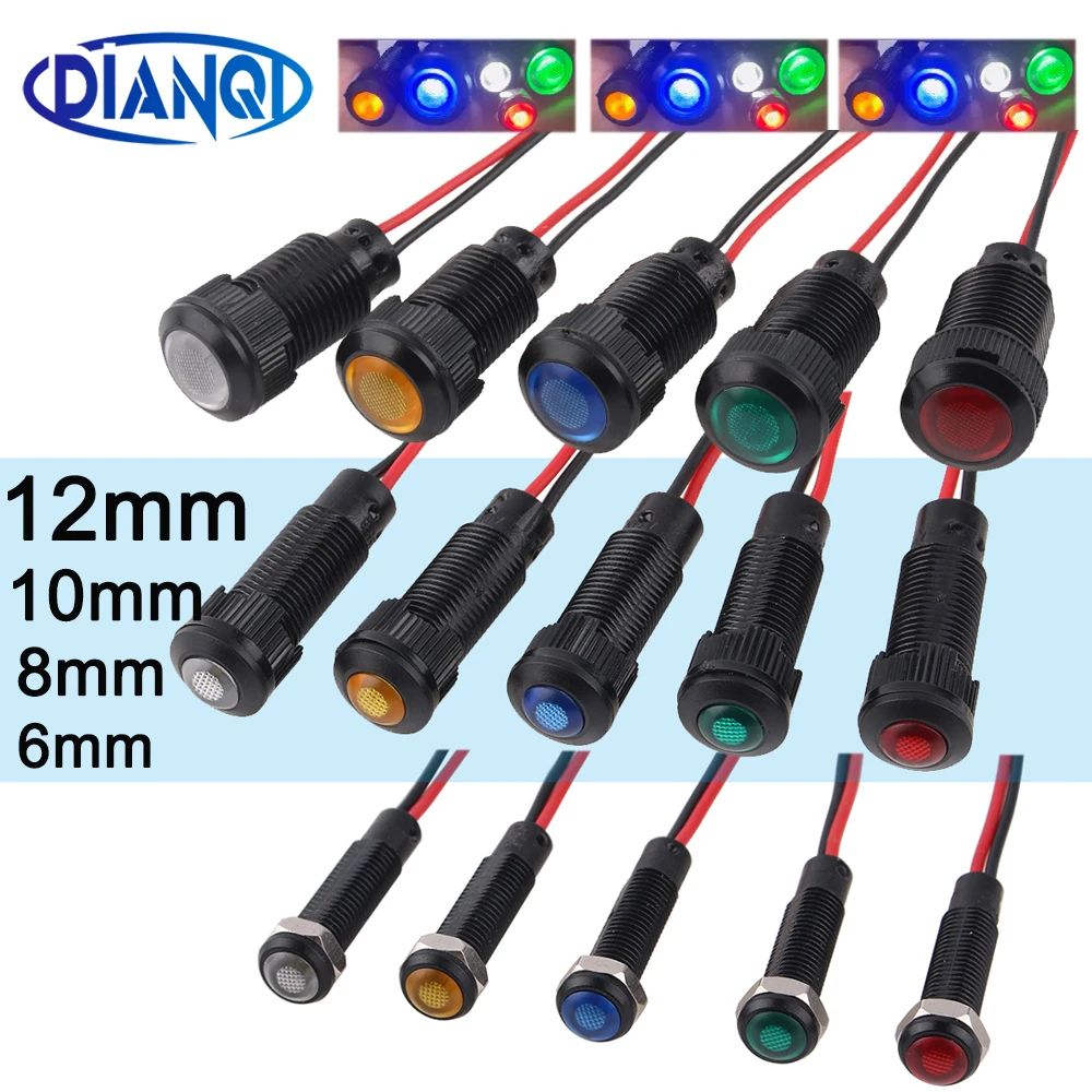 1/5 Uds 6mm 8mm 10mm 12mm luz indicadora de LED plástico negro señal punto lámpara rojo amarillo azul verde blanco 3V6V12V24V110-220V