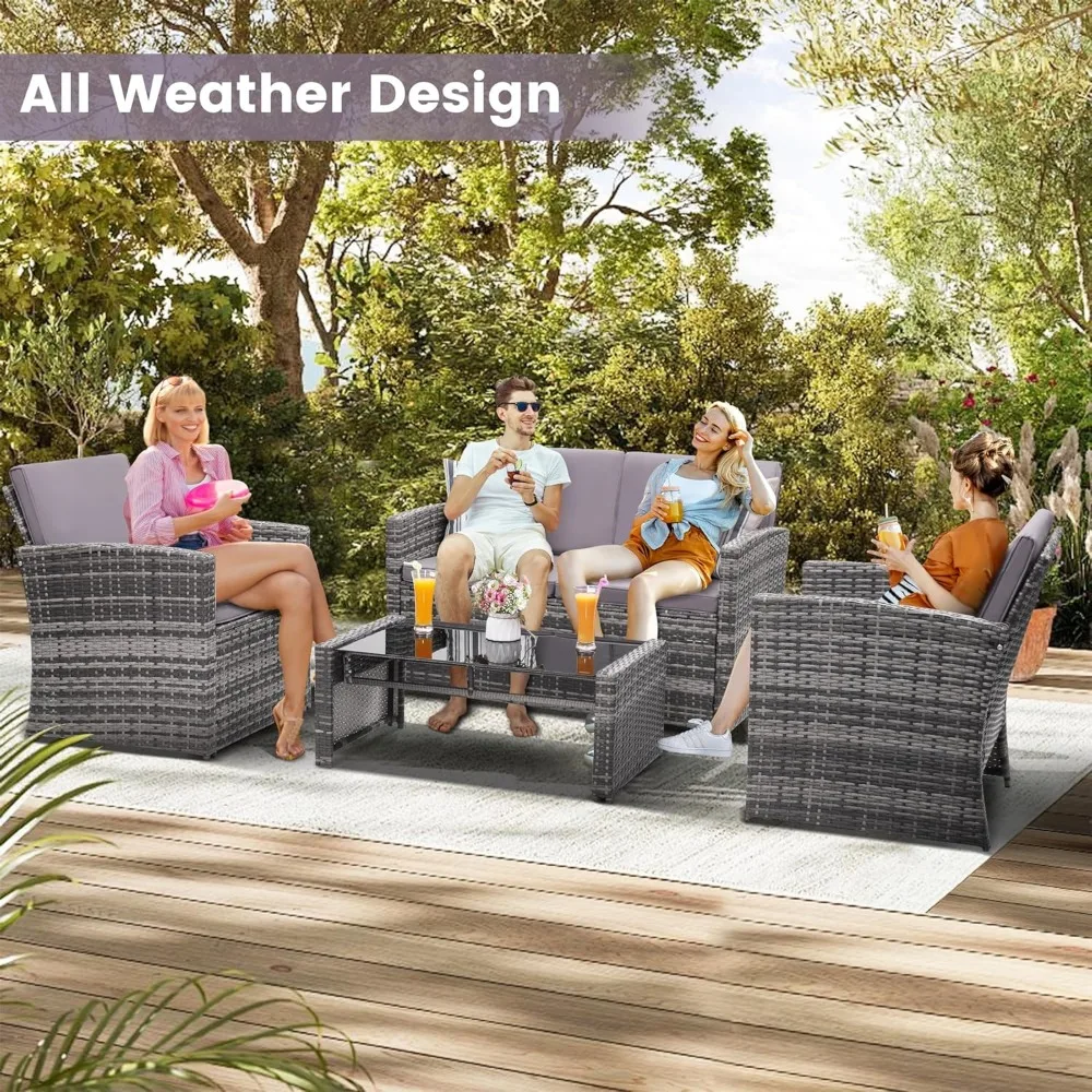 4 Pieces Patio Conversation Set, Outside Rattan Sectional Sofa, Cushioned Furniture Set, Wicker Sofa for Garden, Porch, Backyard