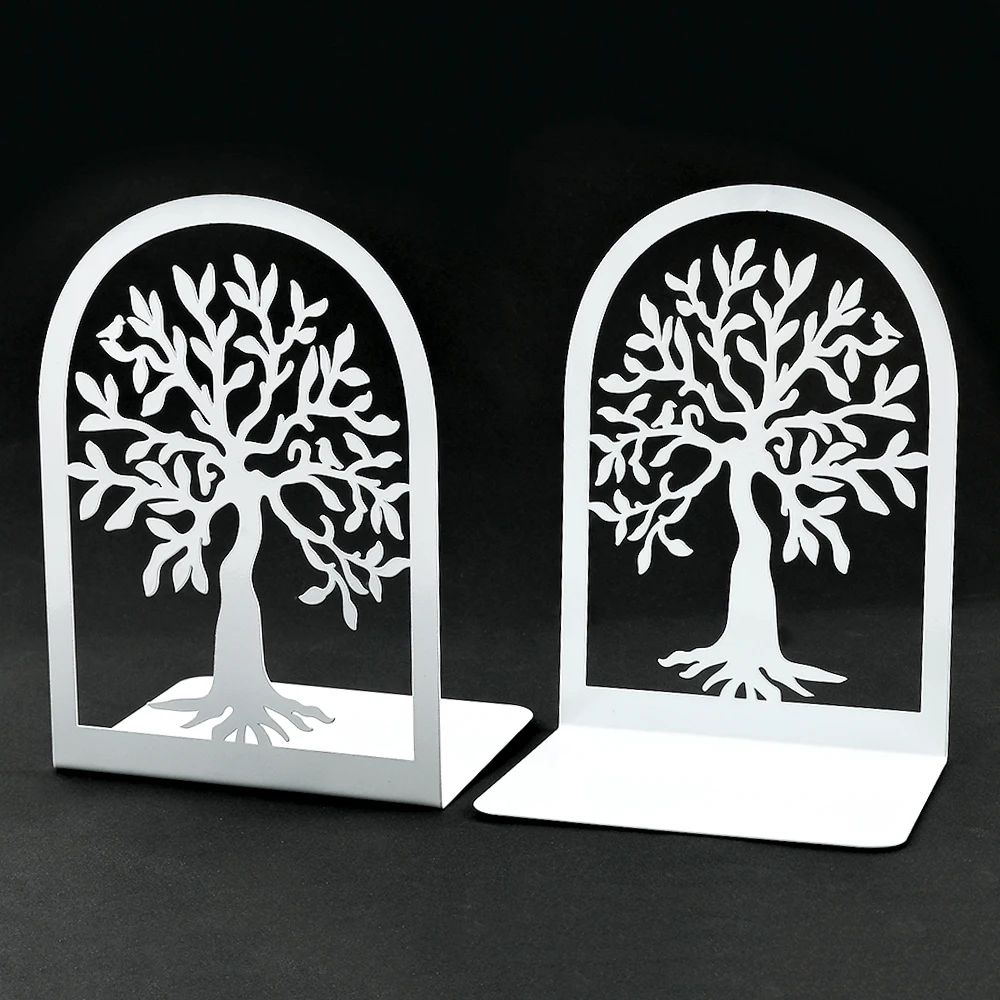 2 Pcs White Tree of Life Desktop Book Ends Office Desktop Home Bookend Gift for Book Loves Heavy Duty Iron Book Rack