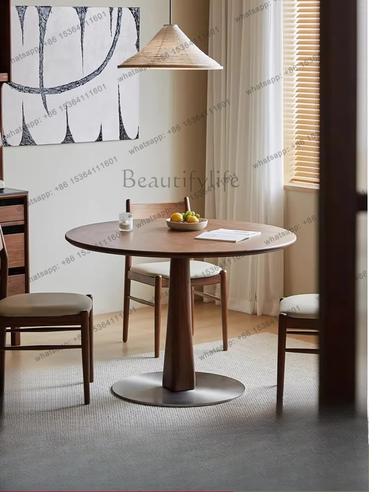 

Black walnut retro solid wood dining table household round casual dining table and chair combination