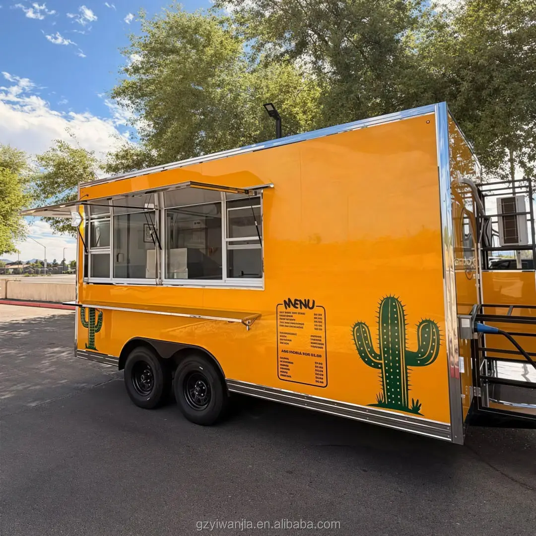 Custom Yellow Aluminum Stainless Steel BBQ Catering Trailer Double Axle DOT CE Certified Rust Resistant Hotdog Fast Food Mobile