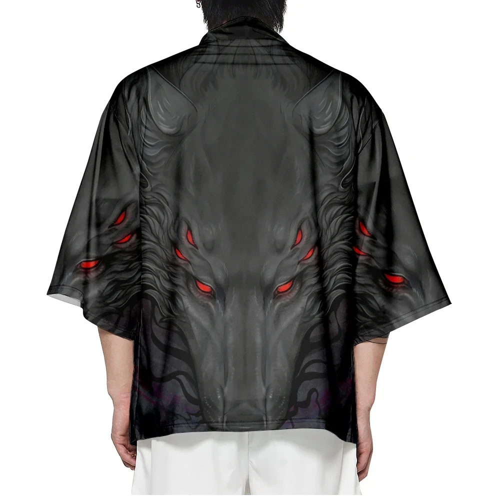 Mens Dark Red-Eyed Wolf Print Haori Kimono Cardigan Open Front Loose Fit Lightweight Casual Streetwear Summer Beach Outerwear