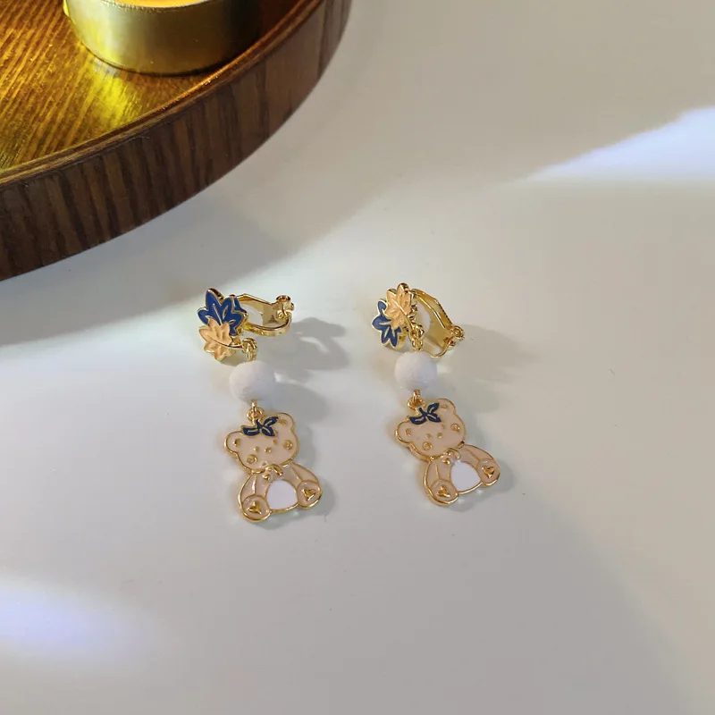 Japanese Asymmetrical Cute Cat Flower Ear Clips Earrings Red Tassel Bear Rabbit Clip on Earrings Non Pierced for Women Girls