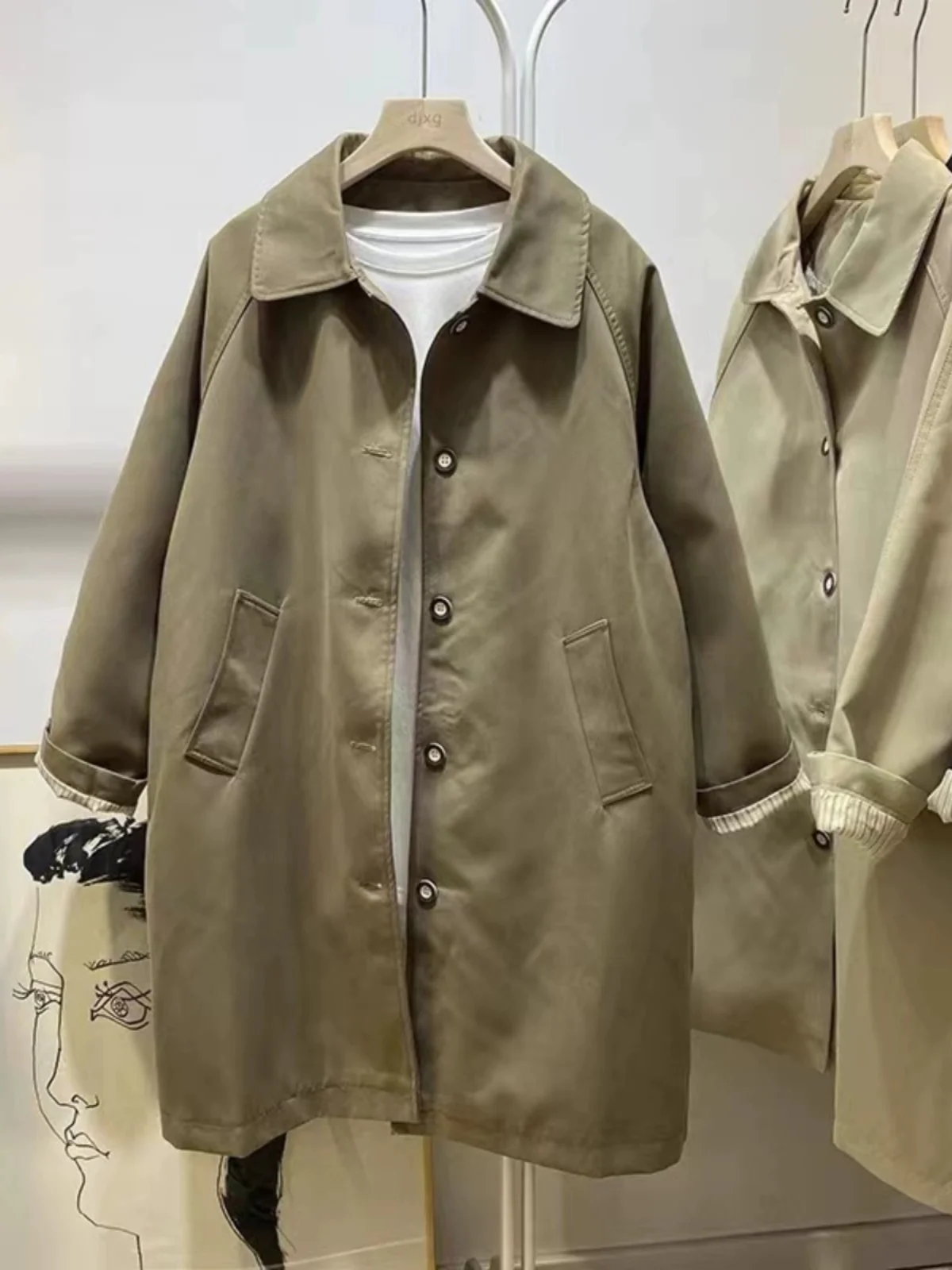 

Loose Long Sve Collar Windbreaker Women's Coat Korean Sle Leisure Medium Length Outerwear Autumn Season Faion