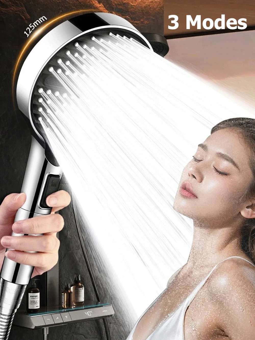 

3 Modes High Pressure Water Saving Filter Powerful Shower Head with ON/OFF Switch Adjustable Massage Sprayer Bathroom Accessorie