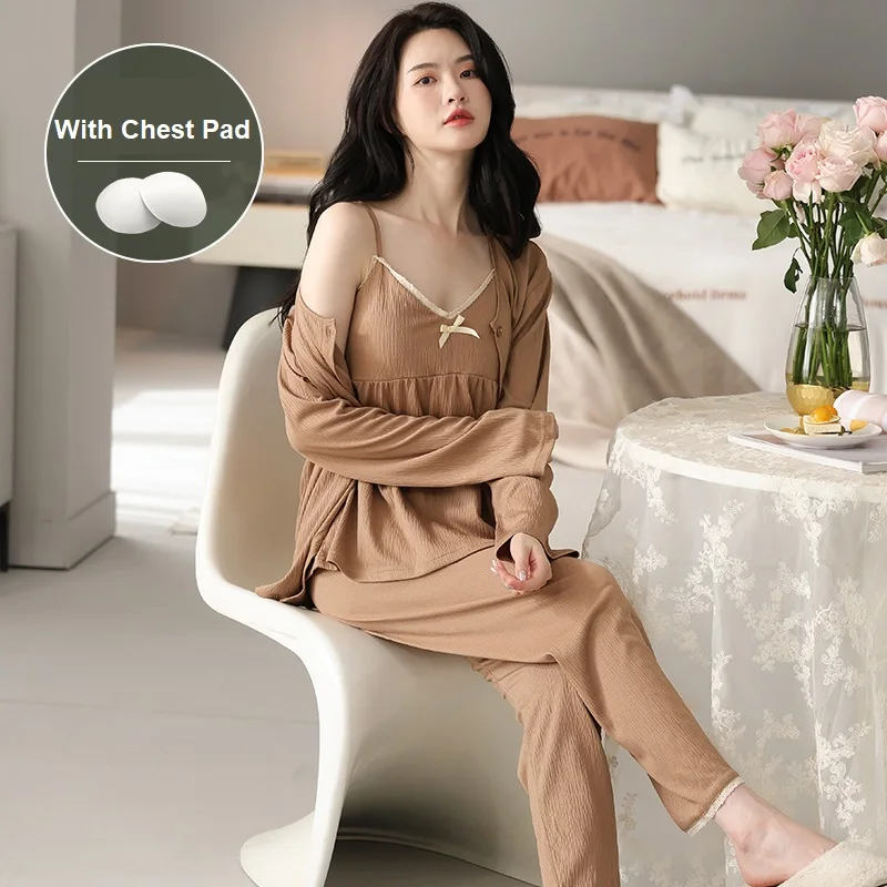 3 pieces with chest pad sling + pants + cardigan tops autumn pajamas set women cotton solid color long sleeve home Lounge Gift