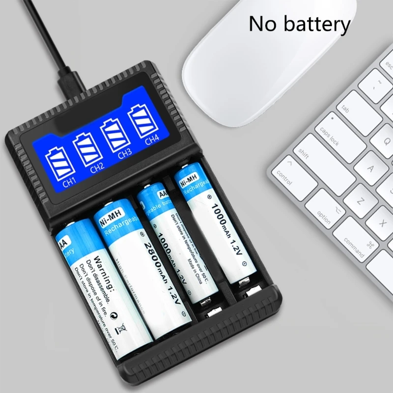 4 Bay AA AAA Intelligent Battery Charger with LCD Display for NiMH AA AAA Rechargeable Battery USB Charging Independent