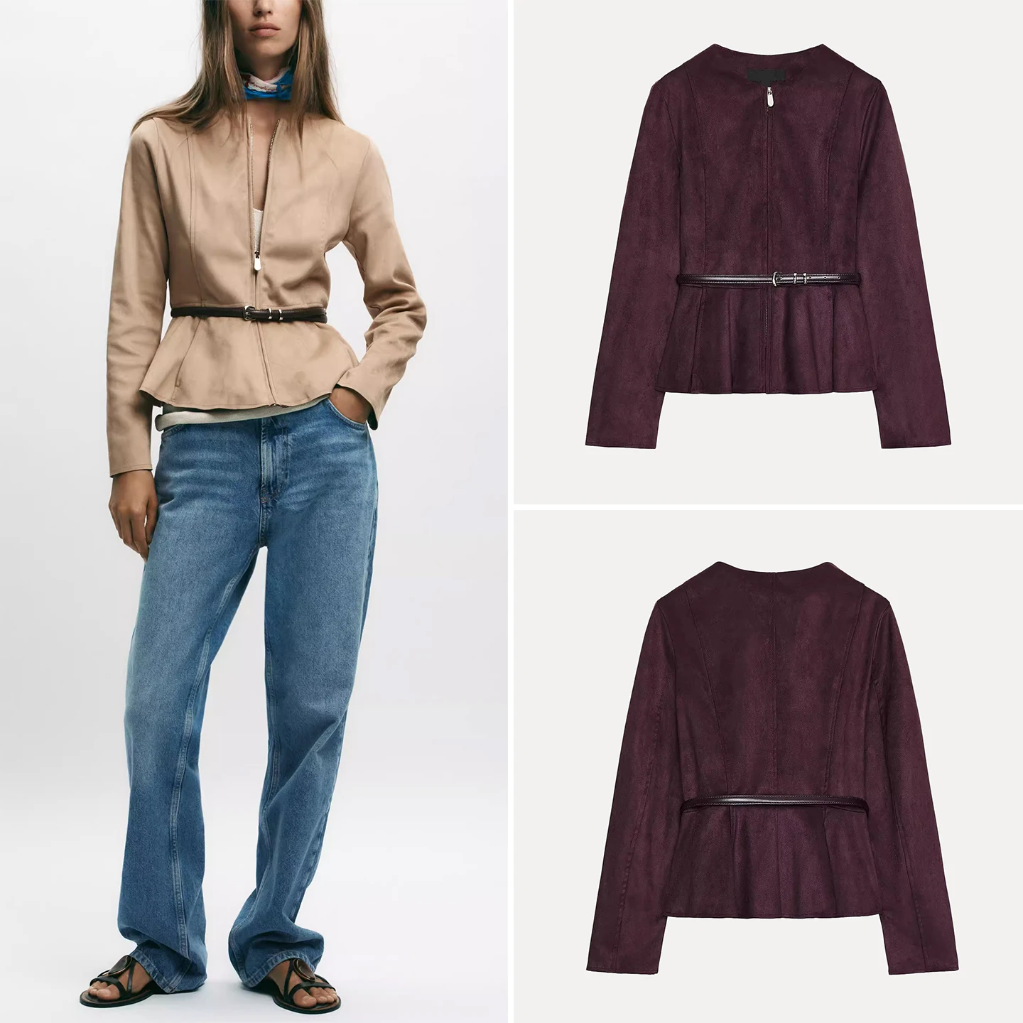 

Осень 2023, женская юбка из искусственной замши, тюнер с поясом, европейская мода Z, женская верхняя одежда со стойкой