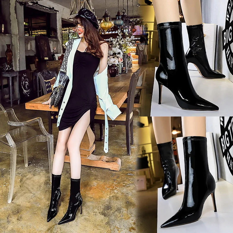 

Fashion Sexy Nightclub Shiny Lacquer Leather Elastic Show Pointed Short Winter Slim Boots Women Pumps High Heels туфли женские