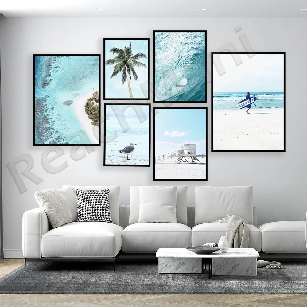 California waves aerial surfing seagull rescue station white sand sea six, ocean beach palm tropical print landscape poster