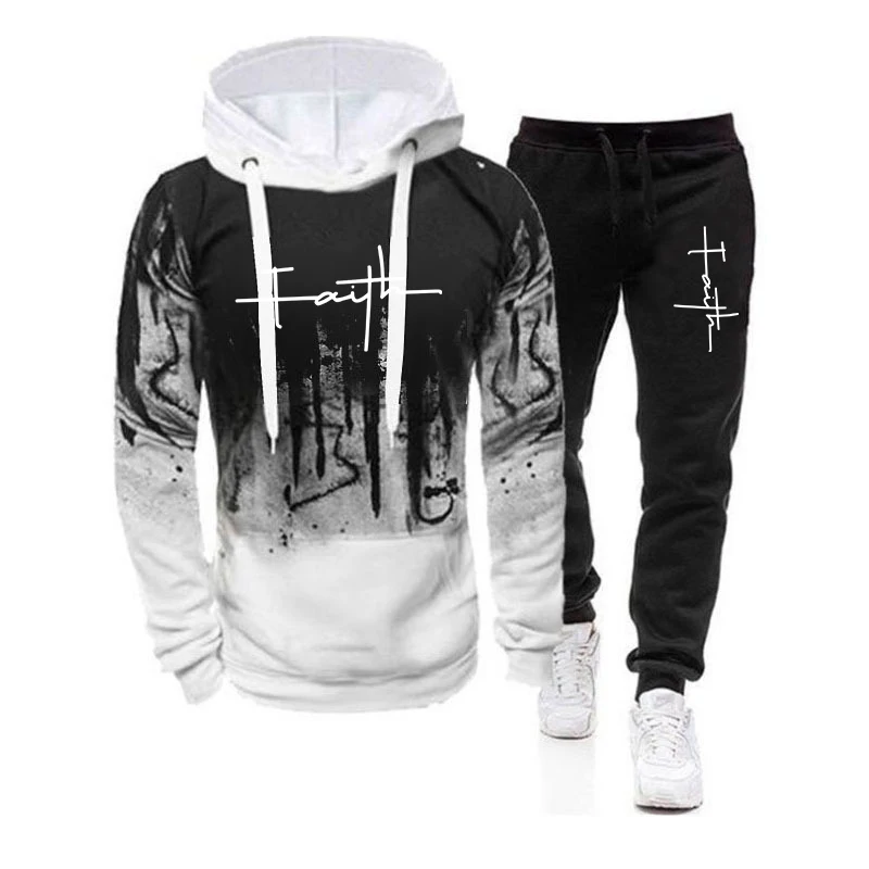 Spring Autumn Men\'s 2Pcs Suit Sweatshirt Splash Hoodies+Tracksuit Pants Casual Fitness Male New Sportwear Men Clothing