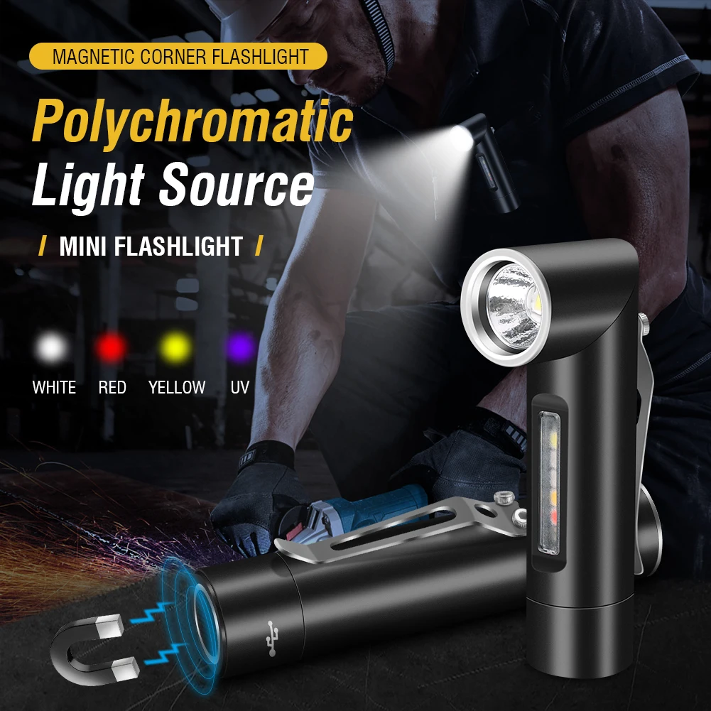 UniqueFire V5S Mini EDC Flashlight 12 Lights Mode Torch Type-C Rechargeable Torch 90° Angle Magnet UV Light Camping Light Clip