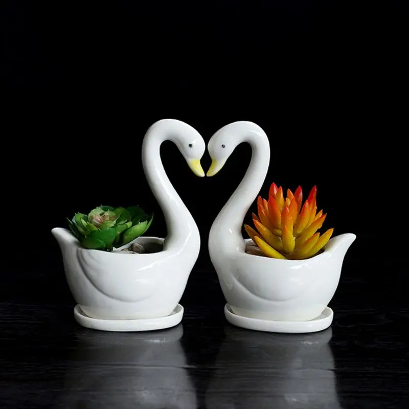 White Swan Ceramic Flower Pot Succulent Plant Flowerpot Planter Desktop Home Off DropShip