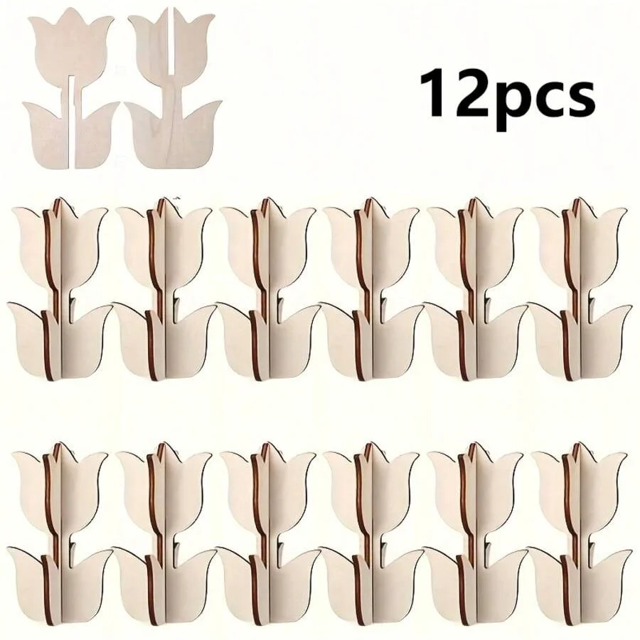 6/12/24 unfinished wooden DIY tulip shape assembly 3D wood pieces painted tulip wooden crafts for Easter Mother's Day Father's D