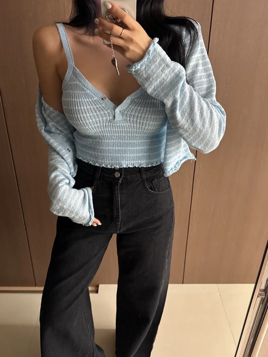 Dongda Gate Sweet Color Colion Wooden  Stripe Strap Vest Long Sve Pad oulder Small Open Cardigan Two-Piece Set