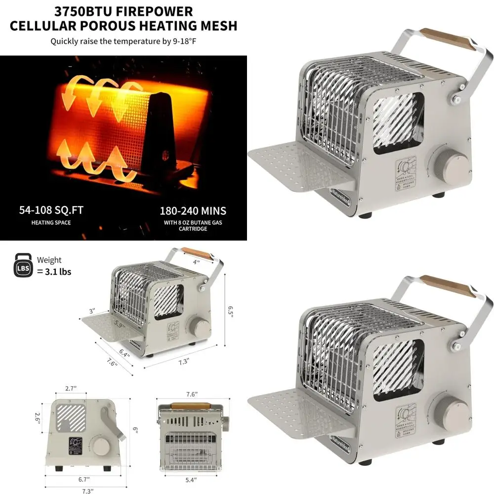 

Compact 3-in-1 Butane Tent Heater, 3750 BTU with Insulated Shelf and Handle